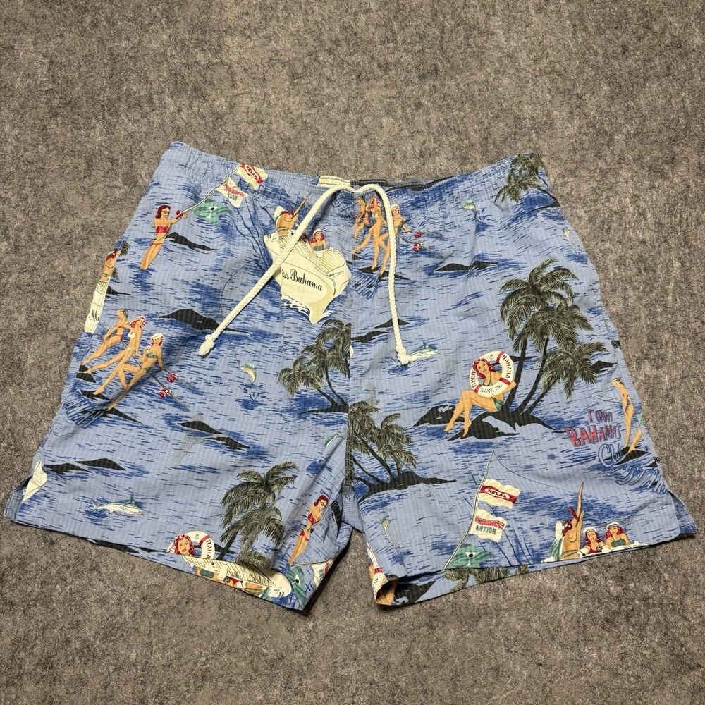 Vtg Tommy Bahama Miss Bahama Pinup Girl Swim Trunks Shorts Blue Nylon Mens Sz M
